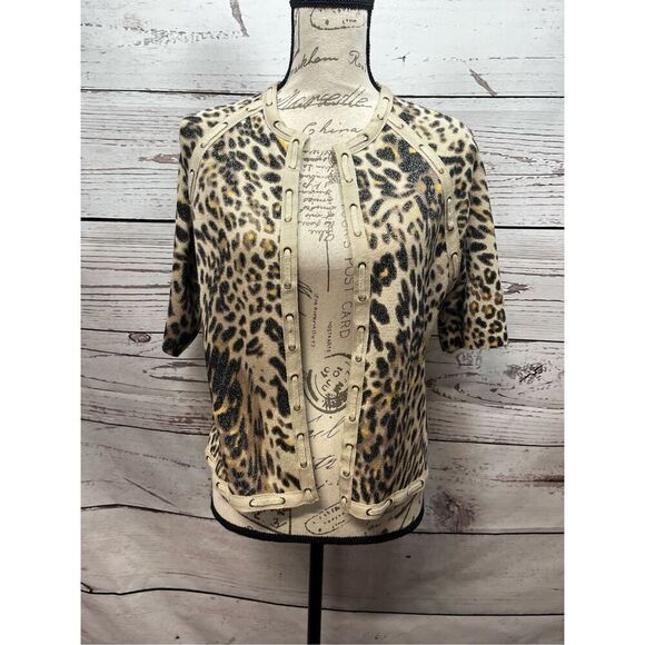 Chicos Leopard Print Knit Cardigan Sweater Jacket Short Sleeve Metallic Size 1 - Picture 1 of 3
